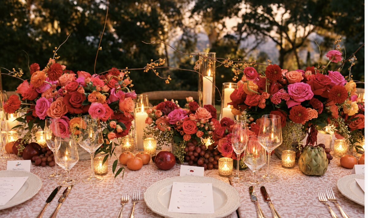 Glowing pillar candles and votives among colorful floral arrangements on a wedding reception table